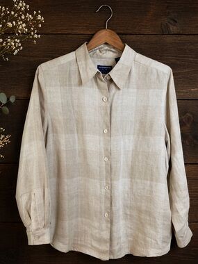 Vintage Liz Sport 100% Linen Plaid Button Shirt Lagenlook Long Sleeve Small Boxy